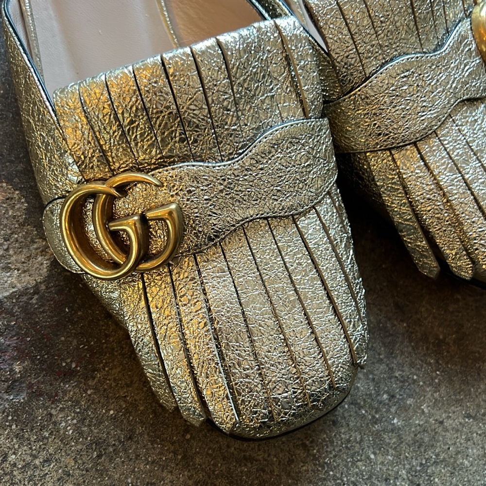 Gucci golden metallic Fringe slide on loafer mules - Picture 3 of 11